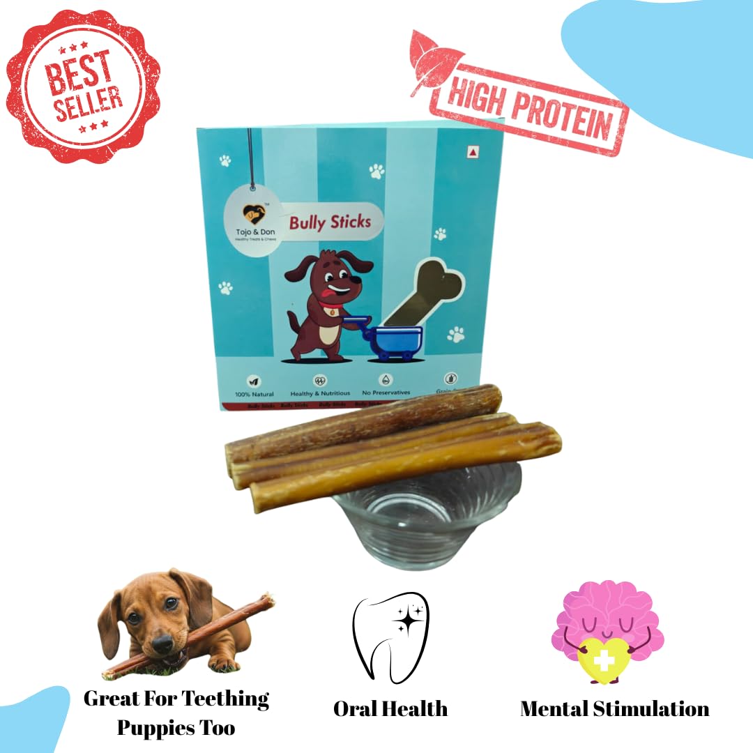 Tojo & Don Bully Sticks for Dogs-(500gms) No Preservatives, Natural & Healthy Dog Chews and Treats for All Sized Dogs,Dental Care, Hard Chews, High Protein, Single Ingredient, for Bones, Skin and Joints.