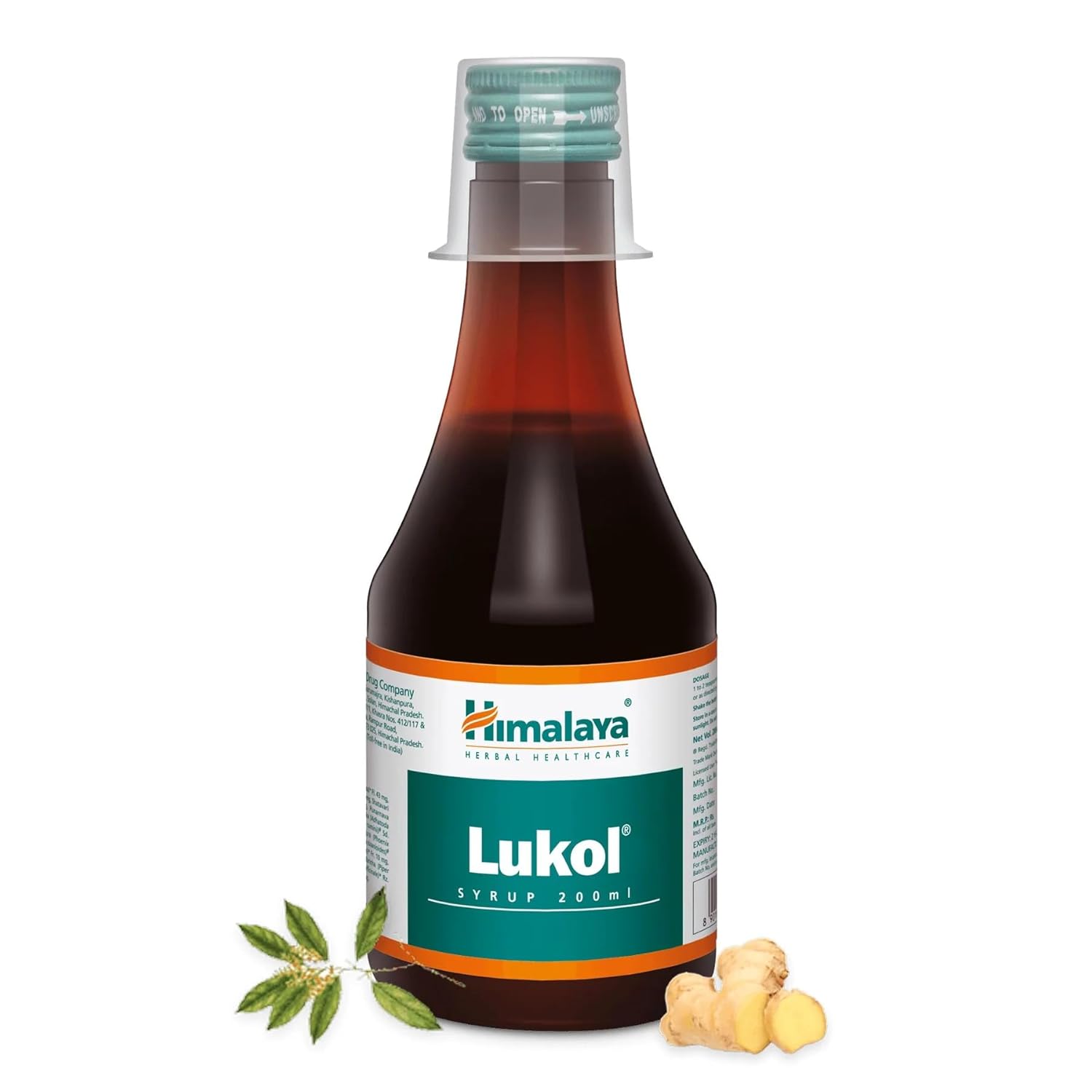 Bottle of Himalaya Lukol syrup with a white background