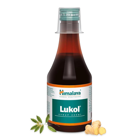 Bottle of Himalaya Lukol syrup with a white background