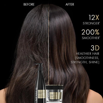 Before and after comparison of hair with Nexxus product, showing 12x stronger, 200% smoother, and healthier hair.