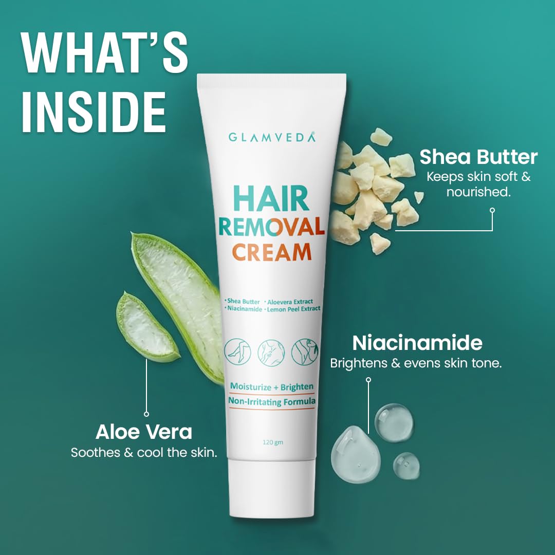 Glamveda Hair Removal Cream for Women for Sensitive Skin | Shea Butter & Aloe Vera Formula | Gentle & Painless Hair Removal for Legs, Arms & Underarms | 120g