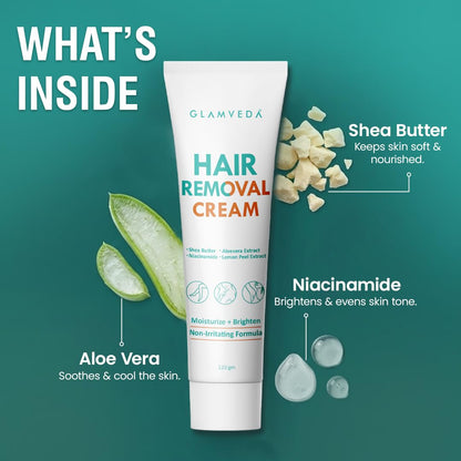 Glamveda Hair Removal Cream for Women for Sensitive Skin | Shea Butter & Aloe Vera Formula | Gentle & Painless Hair Removal for Legs, Arms & Underarms | 120g