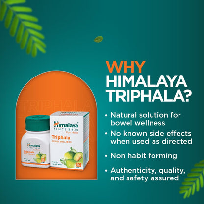 Himalaya Triphala product with promotional text on a green background
