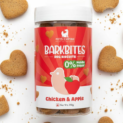 PETS EMPIRE BARKBITES Chicken & Apple Biscuit Jar for Dogs 350g – Healthy Dog Treats with No Maida, No Sugar, No Salt – Nutritious & Crunchy Biscuits for Training and Rewards