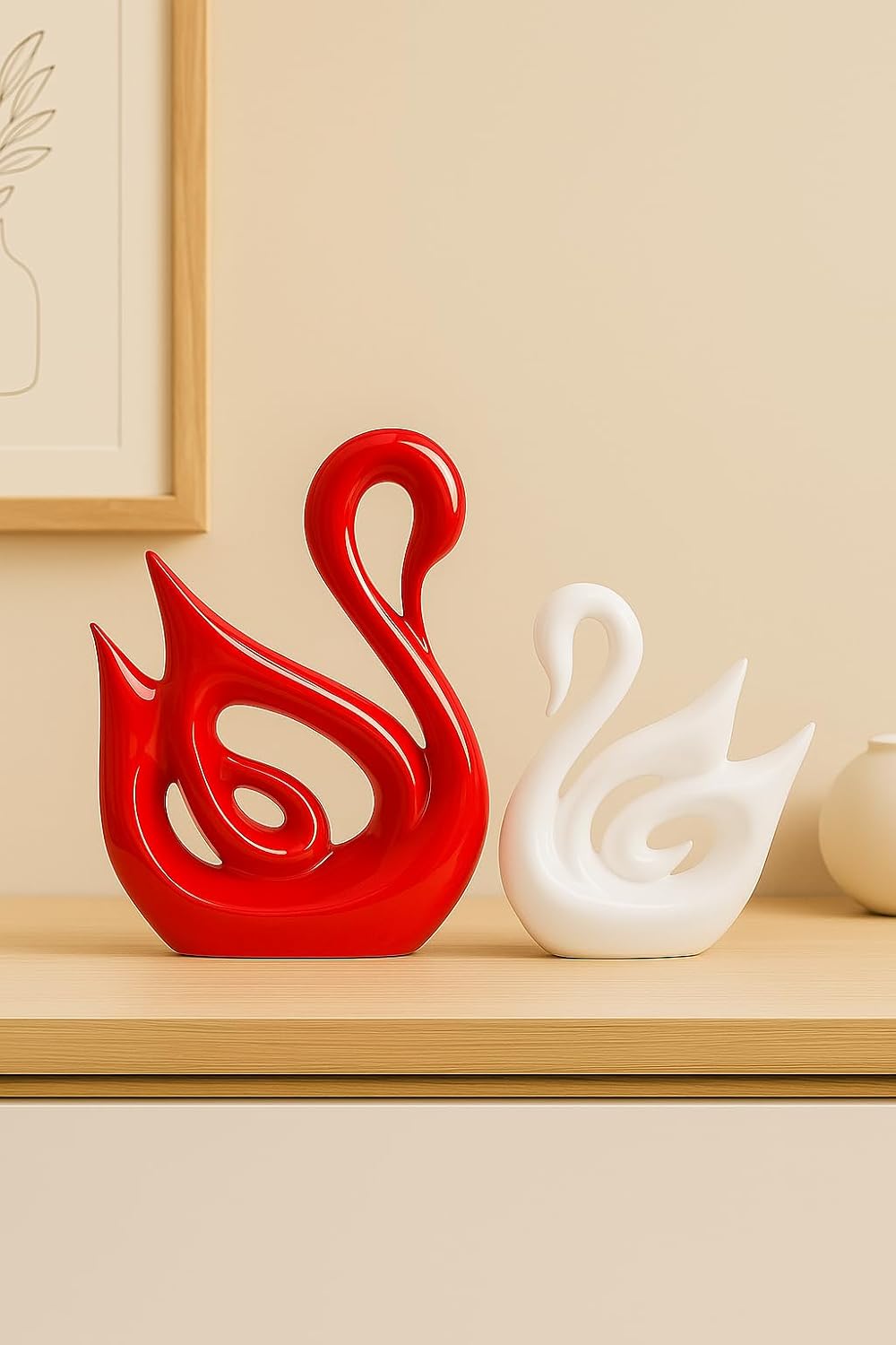 Xtore Lucky Swan Couple Piano Finish Ceramic Figures for Home Decor (Set of 2 Pc, Large, White & Red)