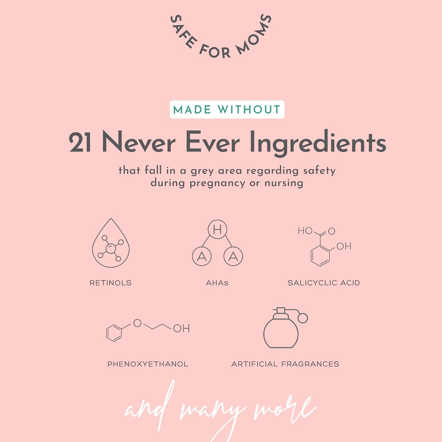 Pink background with text and icons about safe ingredients for products made by 'Safe for Moms'.