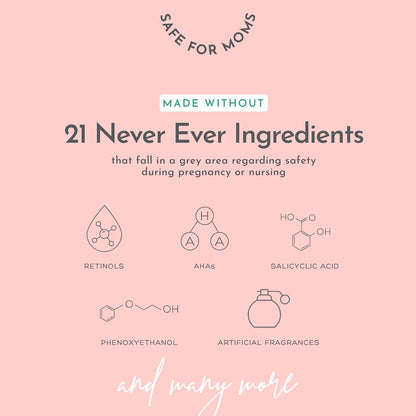 Pink background with text and icons about safe ingredients for products made by 'Safe for Moms'.