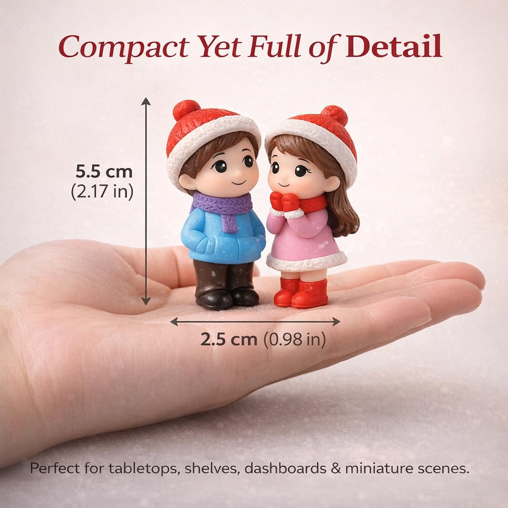Resin Winter Couple Miniature Figurines (2 Pcs) – Handcrafted Romantic Winter Decor | Cute Christmas & Valentine Gift | Mini Tabletop, Shelf & Car Dashboard Display