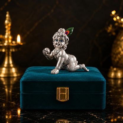 Gold Art India 999 Silver Plated Bal Krishna Idol (3.3 Inch) | Antique Matte Laddu Gopal Murti | Premium Peacock Green Velvet Gift Box | Krishna Idol for Home Temple, Office Decor & Spiritual Gifting