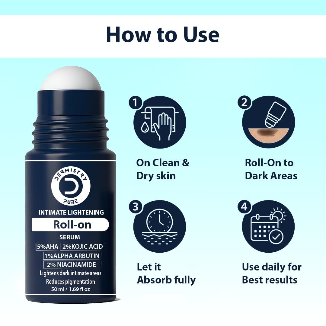 Roll-on serum with usage instructions on a light blue background