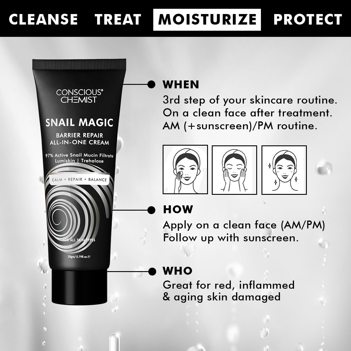 Tube of Conscious Chemist Snail Magic Barrier Repair All-in-One Cream with usage instructions on a gray background.
