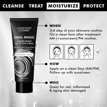 Tube of Conscious Chemist Snail Magic Barrier Repair All-in-One Cream with usage instructions on a gray background.