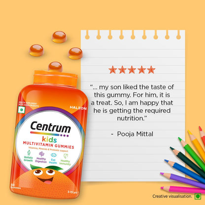 Centrum Kids- Multivitamin Gummies for Kids | Non-Habit Forming | With Zinc, Vitamin B, C, D for Overall Growth, Healthy Digestion, Eye Health, Immunity | Tasty Orange Flavour | Veg - 50 gummies