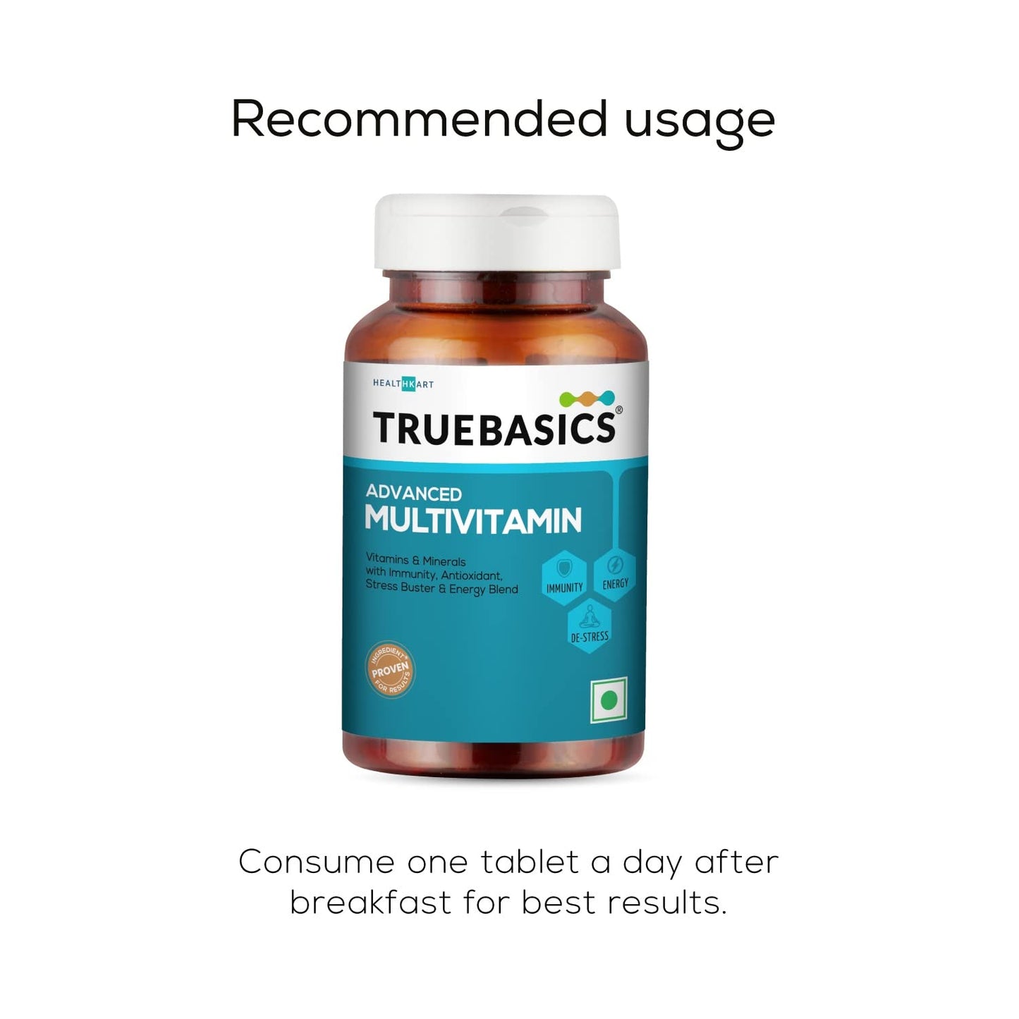 TrueBasics Advanced Multivitamin bottle with usage instructions on a white background