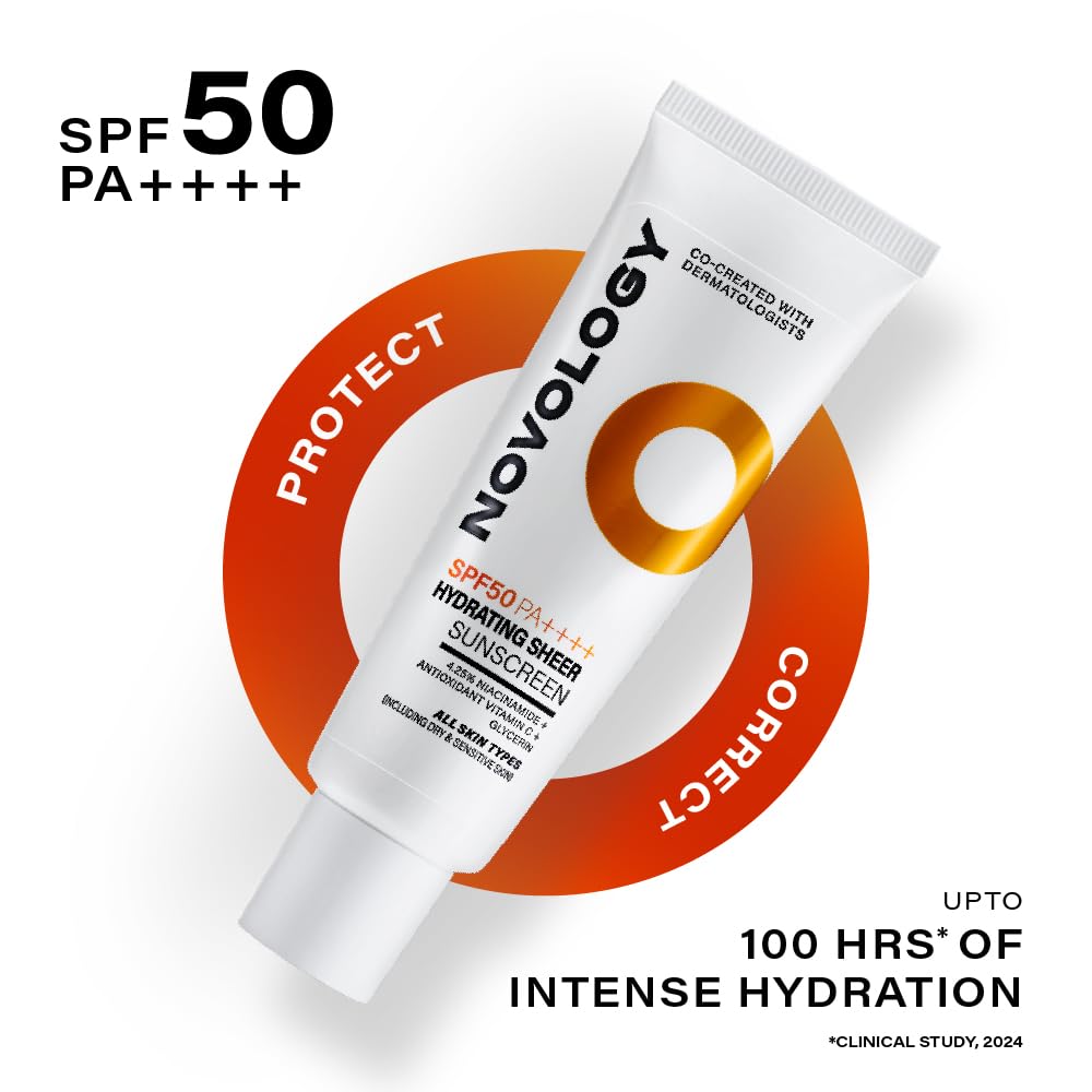 Novology sunscreen tube with SPF 50 and PA++++ on a white background