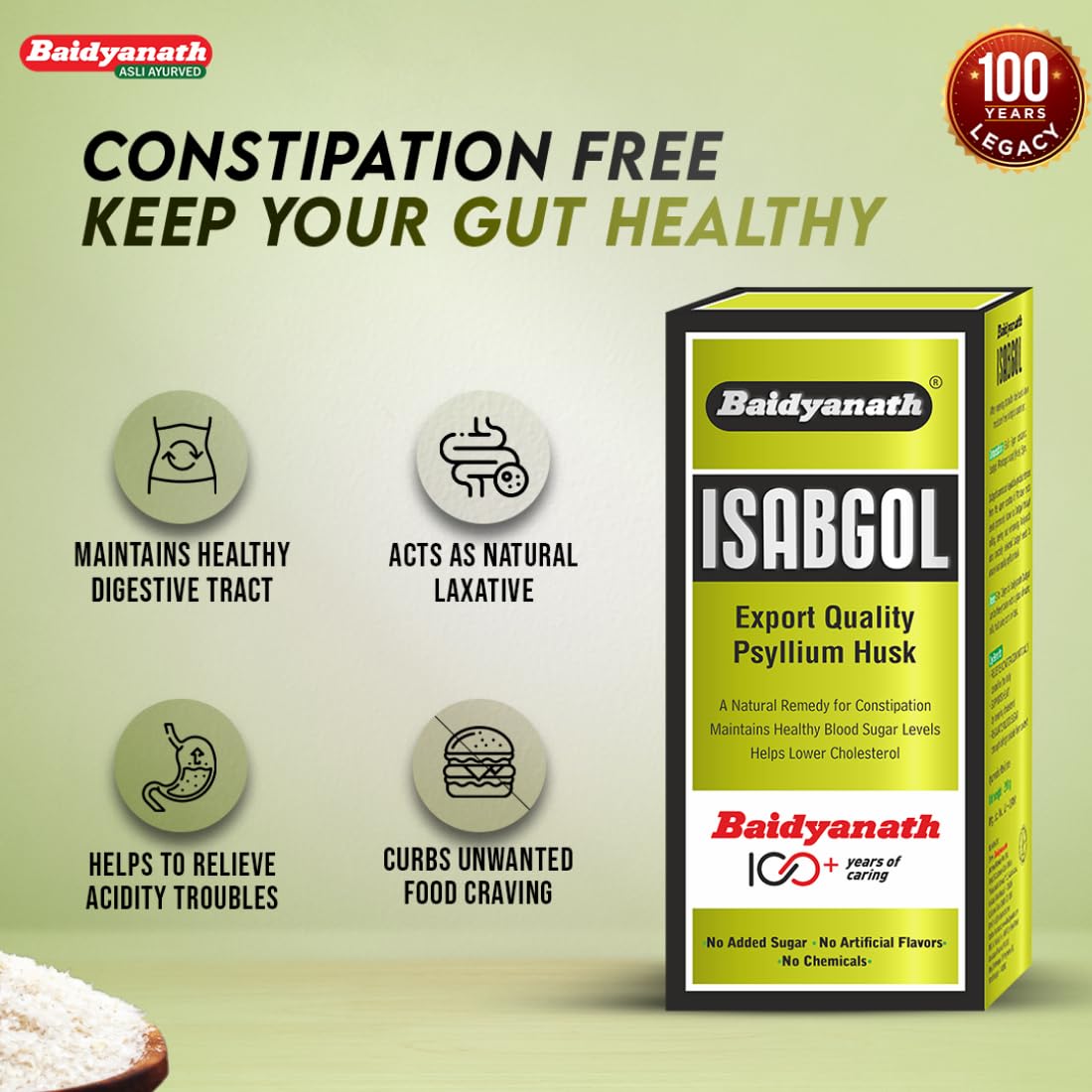 Baidyanath Isabgol - Psyllium Husk Powder - 100gm | Effectively Relieves Constipation | Fibre Supplement For Digestion