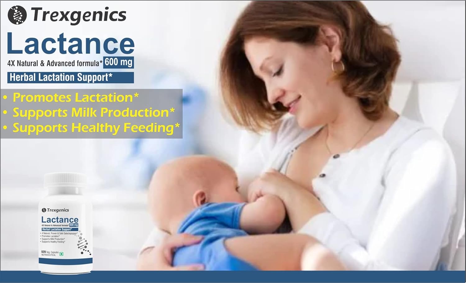 Advertisement for Trexegenics Lactance showing a woman breastfeeding a baby.