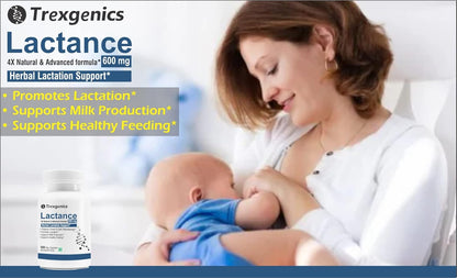 Advertisement for Trexegenics Lactance showing a woman breastfeeding a baby.