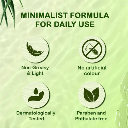 Product packaging with green background and icons indicating 'Non-Greasy & Light', 'No artificial colour', 'Dermatologically Tested', and 'Paraben and Phthalate free'.