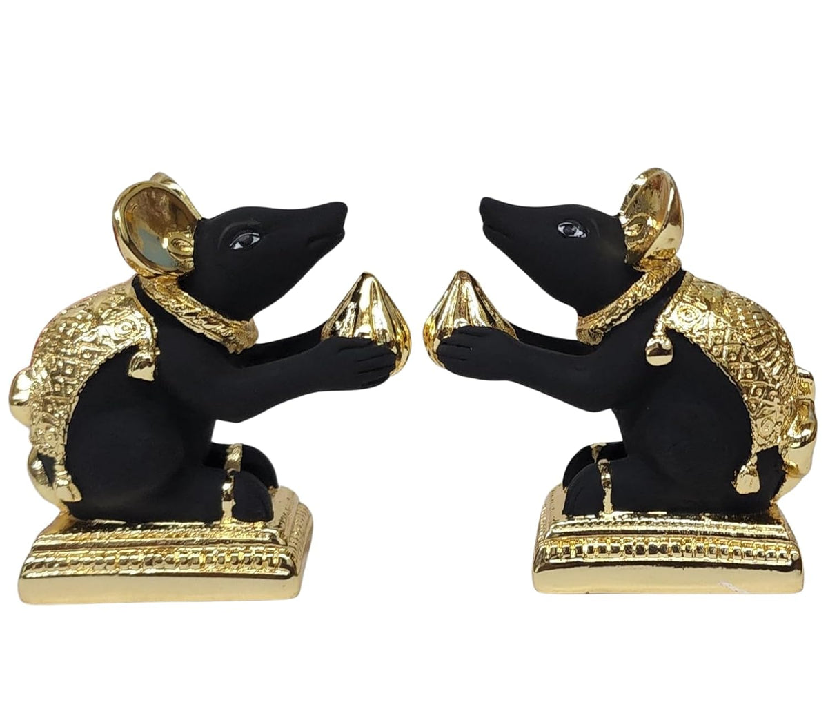 Gold Art India Gold-Plated Mushak (Mooshak) Mouse Pair with Modak | Black Terracotta Finish | Mouse Idol | Vehicle (Vahana) of Lord Ganesha | 2.5 Inch Height | Mandir (Set of 2 pcs)