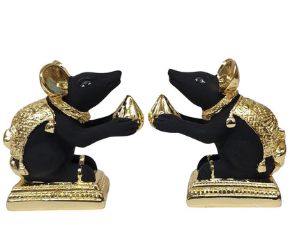 Gold Art India Gold-Plated Mushak (Mooshak) Mouse Pair with Modak | Black Terracotta Finish | Mouse Idol | Vehicle (Vahana) of Lord Ganesha | 2.5 Inch Height | Mandir (Set of 2 pcs)
