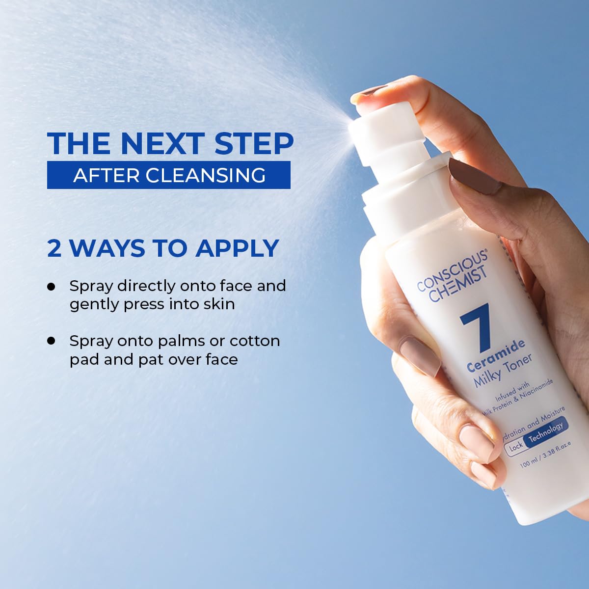 Hand holding a bottle of Conscious Chemist Ceramide Milky Toner with application instructions on a blue background