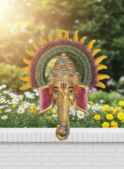 Traditional Handcrafted Ganesha Wall Decor, Metal Elephant God Sculpture with Sunburst Design, Gold and Multicolor, Religious Hindu Art