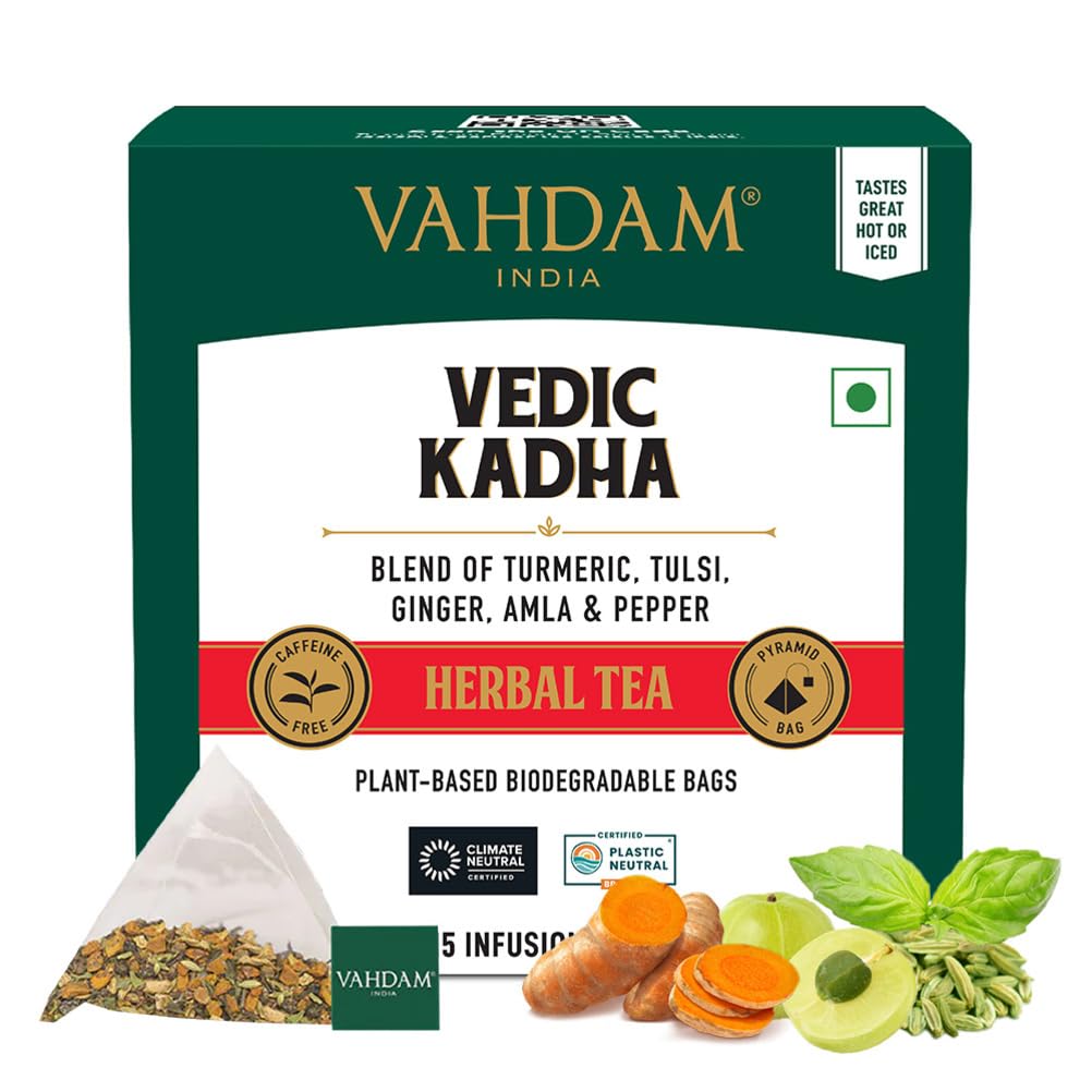 VAHDAM Vedic Kadha Infusion Bags (15 Count) | Caffeine Free, Non-GMO, Gluten-Free | Botanical Tisane – Earthy & Savory | Individually Wrapped Pyramid Bags | Direct from Source
