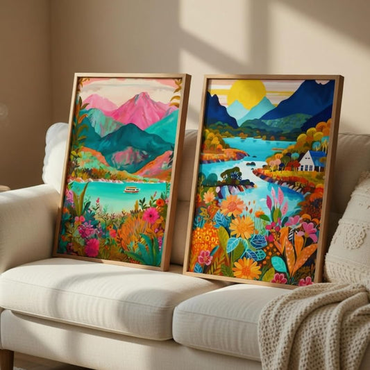 Colorful Mountain Landscape Wall Painting Set of 2 with Wooden Frames | Modern Nature River & Floral Scenic Artwork HD Sparkle Laminated MDF Wall Decor for Living Room Bedroom