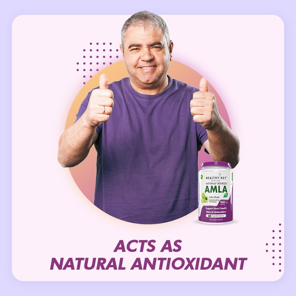 Man giving thumbs up with a bottle of Amla supplement on a purple background