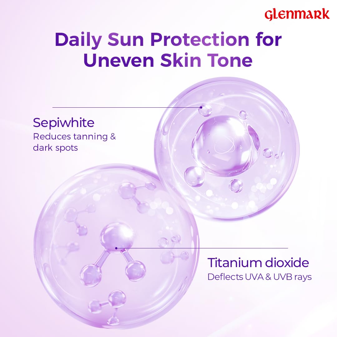Advertisement for daily sun protection with Sepiwhte and Titanium dioxide on a purple background, featuring the Glenmark brand.