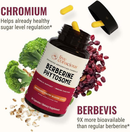Evorina Live Conscious Berberine Phytosome - Advanced & Bioavailable Berberine Formula, Optimal Energy, Metabolic Health & Weight Management - 30 Servings | High Strength Herbal Supplement | Clean Label Ayurvedic Wellness