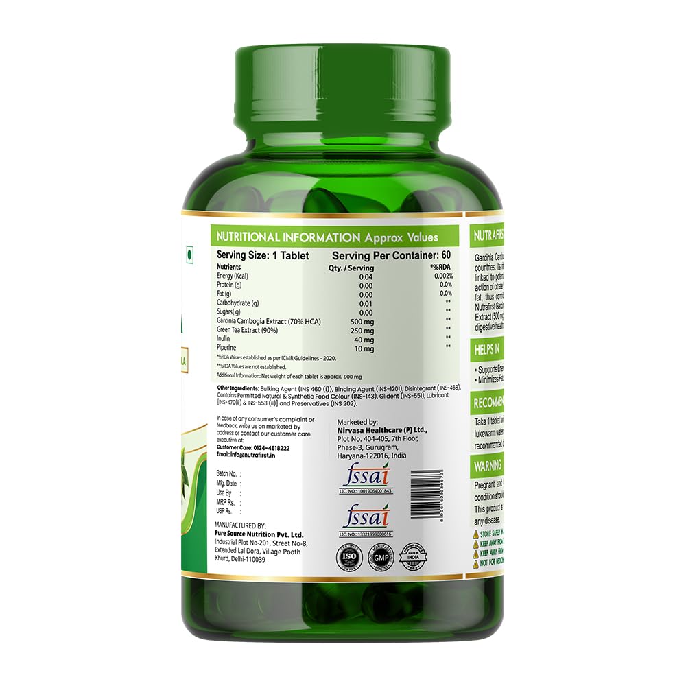 Nutrafirst Garcinia Cambogia Tablets 800mg (60 Tabs) | 70% HCA with Green Tea Extract | Supports Weight Management, Fat Metabolism & Craving Control | Improves Digestion | For Men & Women