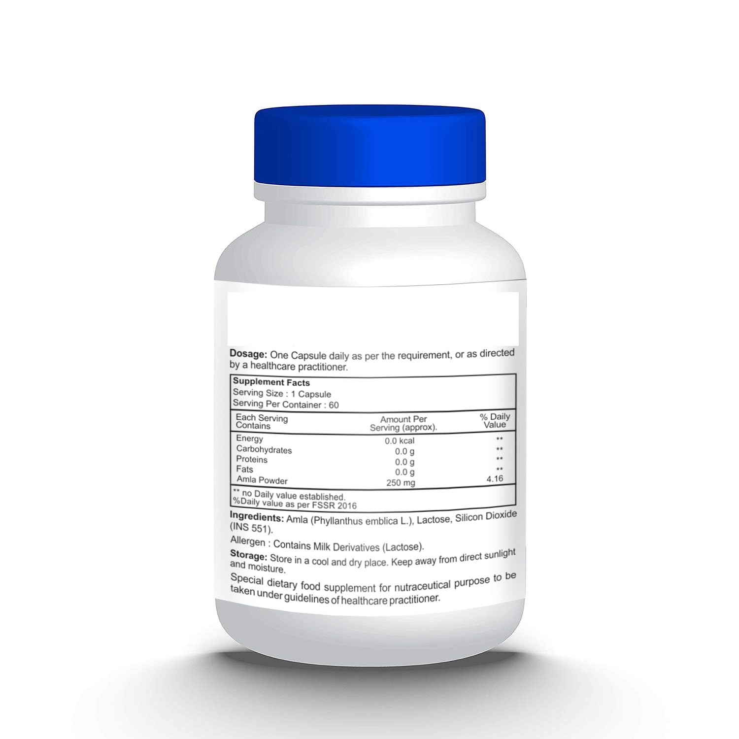 Supplement bottle with blue cap and label on a white background