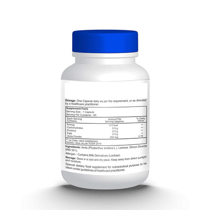 Supplement bottle with blue cap and label on a white background