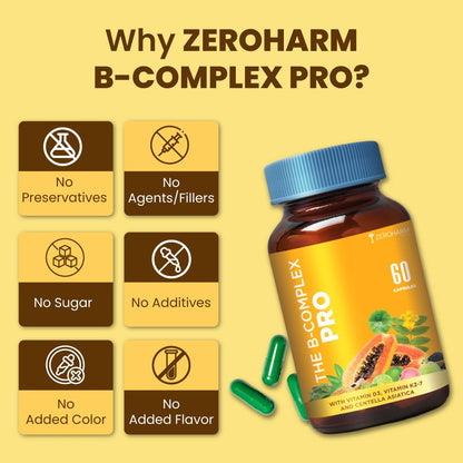 Zeroharm B-Complex Pro with Vitamin D3 & K2-7 | Vitamin B-Complex With B1, B2, B3, B5, B6, B9 & Vit B12 | Plant-Based Supplement | Supports Energy & Immunity For Men and Women | 60 Veg Capsules