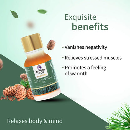 Ayouthveda Cedarwood Essential Oil for Skin & Hair | Aromatherapy Kit for Stress Relief & Relaxation | 100% Pure & Natural Therapeutic Grade |Can Be Used as Air purifier (Pack Of 1; 15ml)