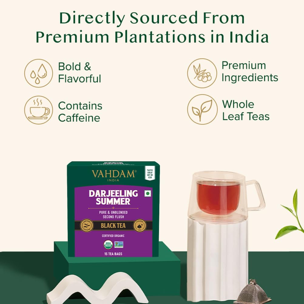 VAHDAM Darjeeling Summer Second Flush Black Tea | 15 Tea's Bags | Premium Darjeeling Tea | Gluten-Free