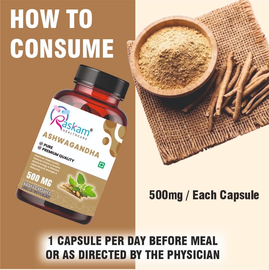 Ashwagandha 500 mg Capsules, 100 Veg. Capsules, Rejuvenates Body & Brain, Increases Energy, Strengthens Immune System, Reduces Stress & Anxiety