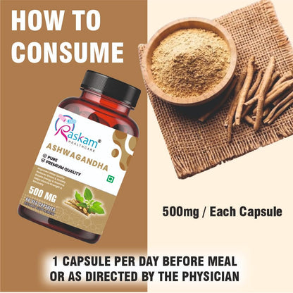 Ashwagandha 500 mg Capsules, 100 Veg. Capsules, Rejuvenates Body & Brain, Increases Energy, Strengthens Immune System, Reduces Stress & Anxiety