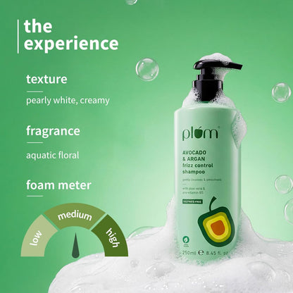 Plum Avocado & Argan Frizz Control Shampoo | for Curly, Wavy & Frizzy Hair | Sulphate & Parabens Free | with Aloe Vera Extract | Reduces Frizz, Retains Moisture & Conditions Strands | 250ml