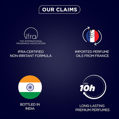 List of product claims with logos and text on a dark blue background