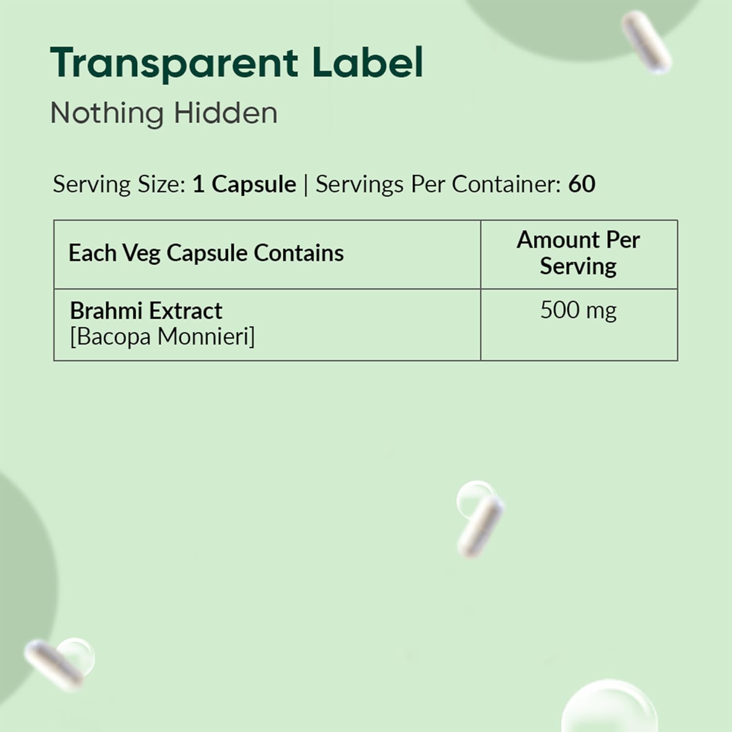 Transparent label with Brahmi extract information on a light green background