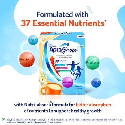 AptaGrow Milk Drink Powder for Kid s Height Gain, Immunity & Brain Development, Nutritious & Tasty Vanilla Flavor, 400g | 37 Nutrients | Prebiotics | Low Fat | Veg