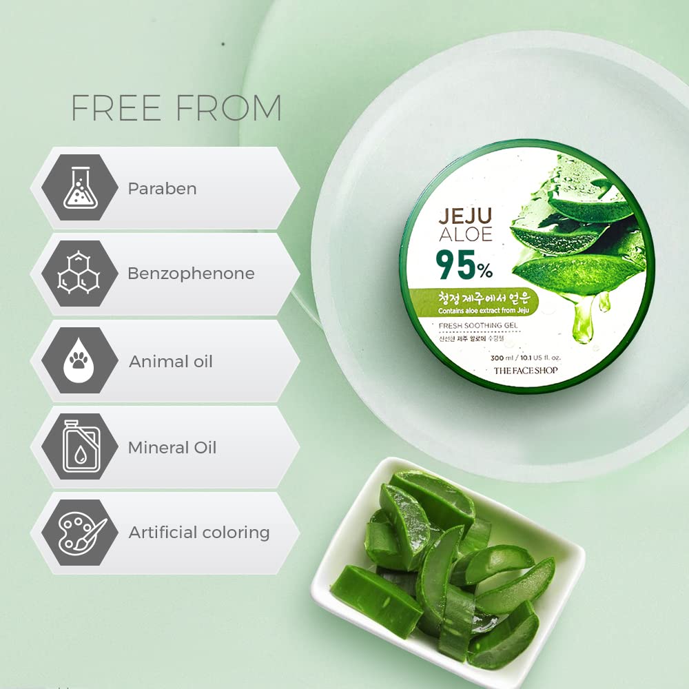Jeju Aloe product with aloe vera leaves on a light green background, highlighting ingredients free from paraben, benzophenone, animal oil, mineral oil, and artificial coloring.