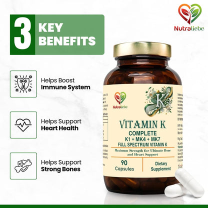 Nutraliebe Vitamin K Complex - High Potency, Includes Vitamin K1 (Phytomenadione) & Vitamin K2 (MK-4, MK-7), Non-GMO, 90 Capsules