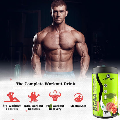 Muscular man with a supplement container labeled 'Naturz BCAA' on a dark background