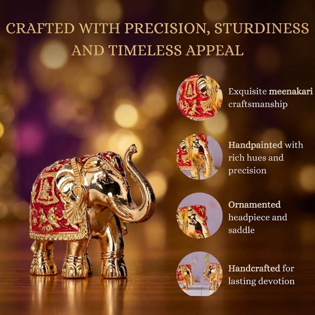 Gold Plated Trunk Up Elephant Idol Showpiece for Vastu, Prosperity, Good Luck, Gifting for House Warming and Home Decor -3 Inches (1, Gold)