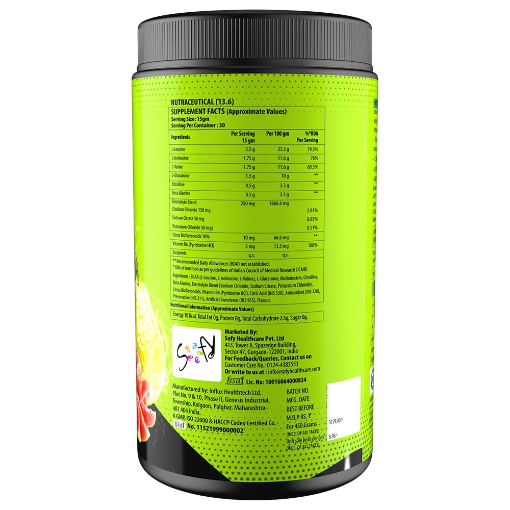 Supplement container with a green label on a white background