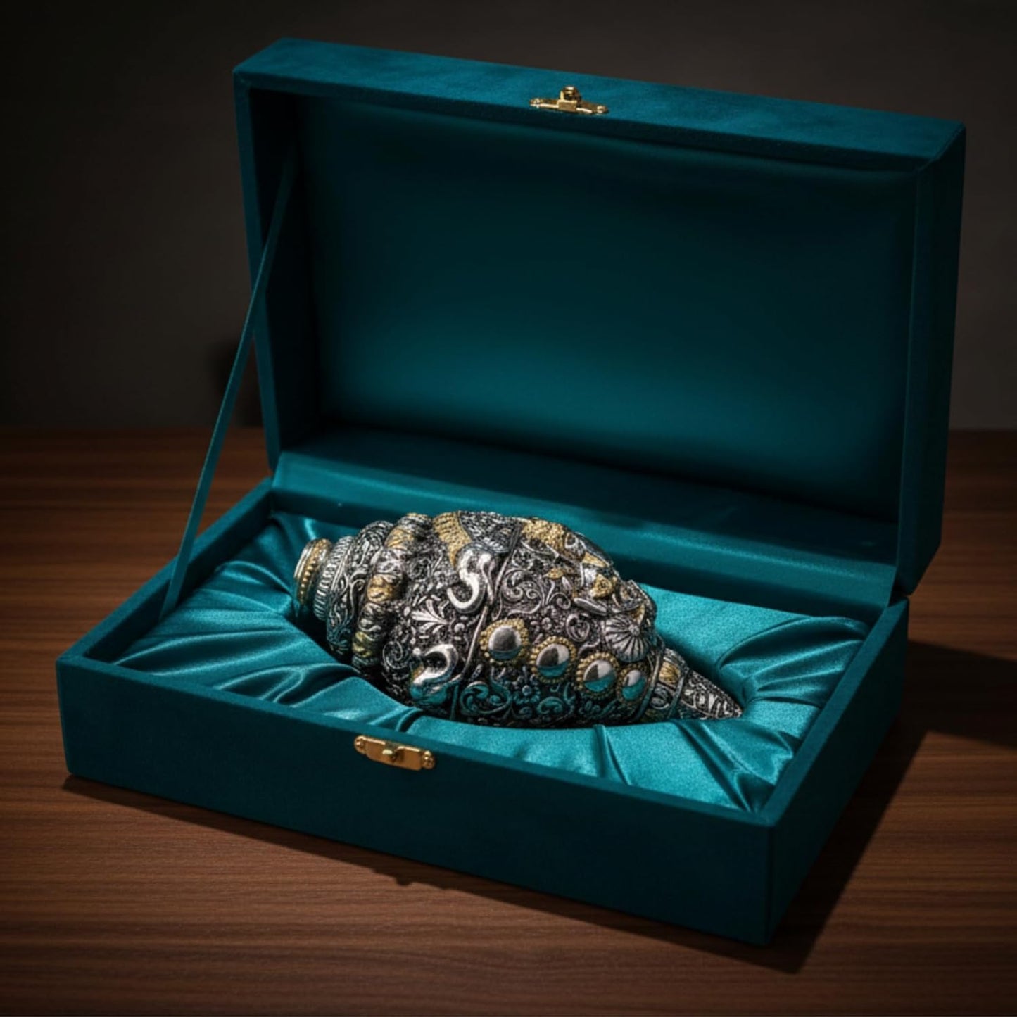 Dev Aastha 999 Pure Silver Plated & 24K Gold Plated Ganesh Shankh | Sacred 5.2 Inch Dual-Tone Conch Shell | Vastu Showpiece for Success & Wealth | Auspicious Pooja Gift.